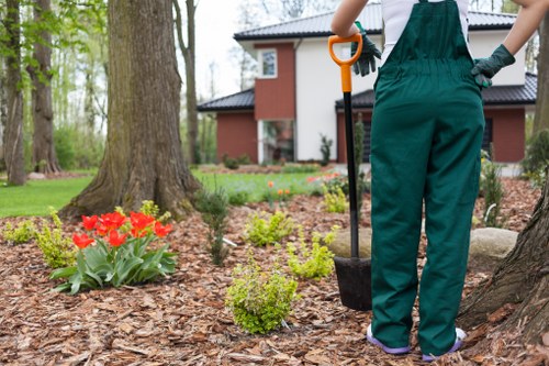 A person wearing green gardening overalls and gloves is standing outdoors in a landscaped garden in Lambeth, holding a small shovel with an orange handle. The garden features a large mature tree with a thick trunk in the foreground, surrounded by freshly mulched flower beds with bright red tulips and small green shrubs. In the background, there is a modern brick house with white-framed windows, set within a well-maintained lawn area with additional trees and natural greenery, indicating a typical residential outdoor space in Lambeth. The scene is captured during daytime under natural light, with the weather appearing clear and mild, suitable for outdoor gardening activities. This setting reflects a well-kept lawn and garden highlighting professional garden maintenance with focus on planting, mulching, and overall outdoor landscaping consistent with gardening services provided by Lawn Mowing Lambeth.